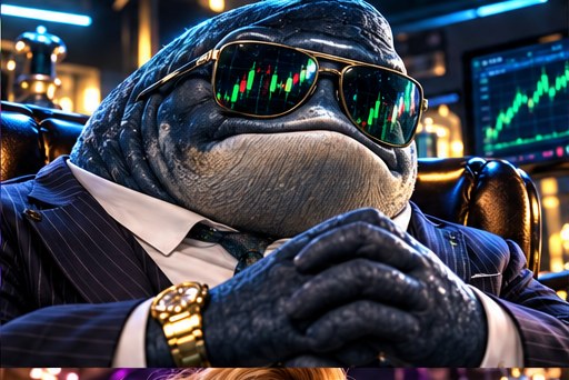 Illustrated Whale Sapien in a pinstripe suit and chart sunglasses